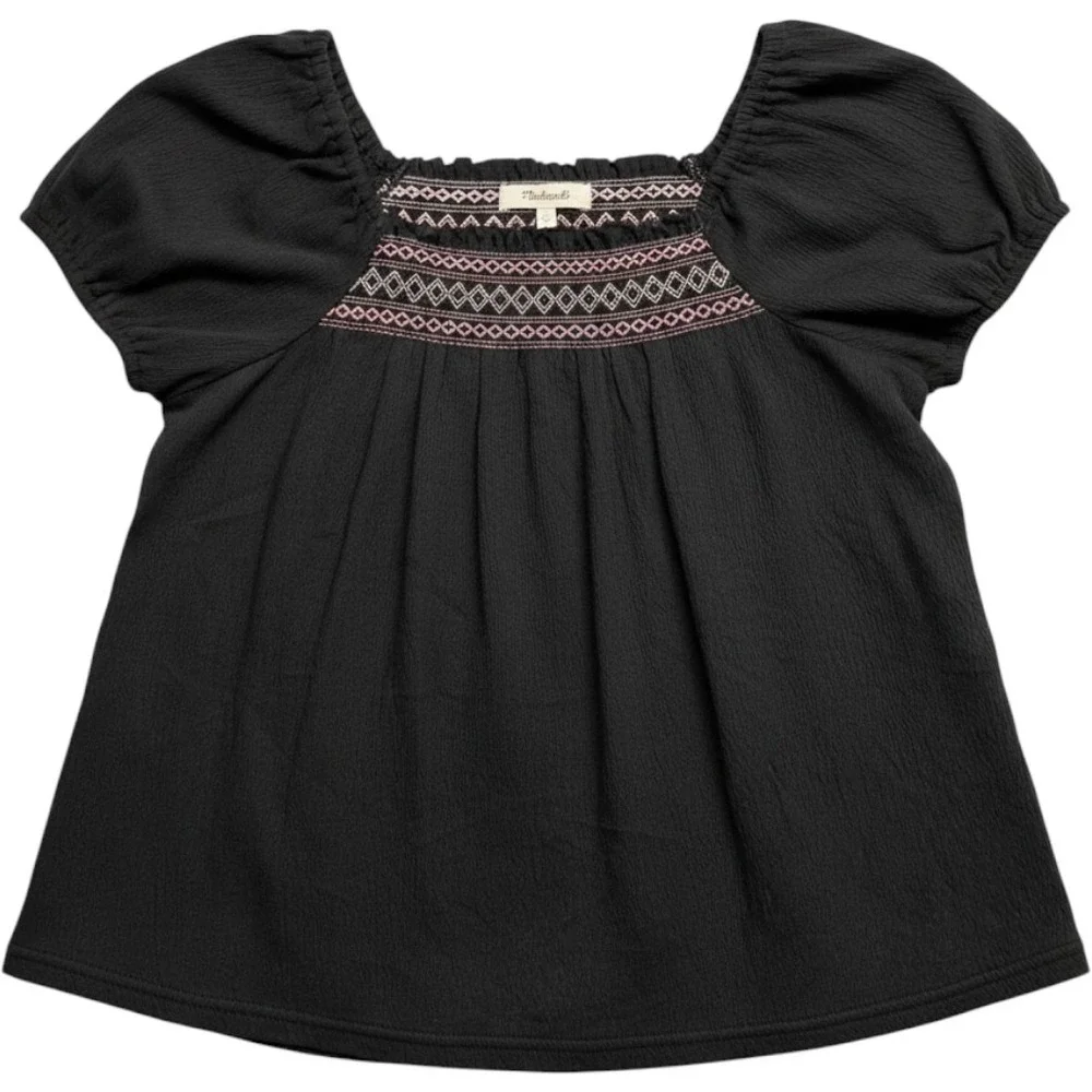 Madewell‎ Smocked Puff Sleeve Top Black Pink Embroidered Gauze Blouse Small